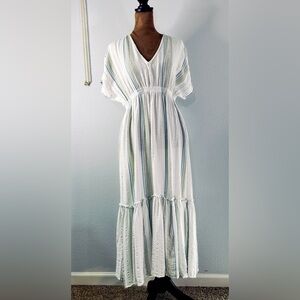 Elan Boho Maxi Dress Small Ivory Blue Striped V Neck Tiered Summer Resort